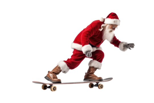 Cool Santa Claus rides a skateboard on a transparent background