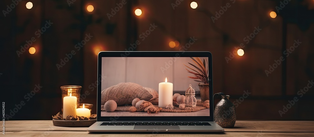 Poster aesthetic boho styled home interior design template with a laptop computer displaying a blank