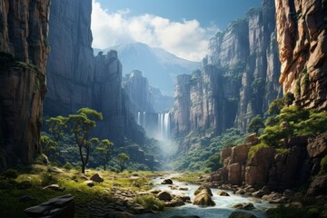 Towering Waterfalls Plunging Into a Deep Canyon, Generative AI