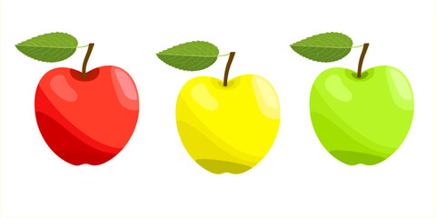 Set of yellow, red and green apple. Cartoon flat design. Simple vector illustration isolated on white background.