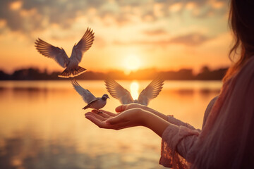 Woman hands praying and free the birds to nature on sunset background, soft light photography - obrazy, fototapety, plakaty