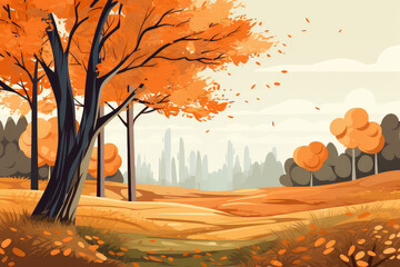Naklejka na ściany i meble Autumn forest landscape illustration with yellow trees