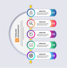 Timeline infographics design can be used for workflow layout, diagram, report, web design. Business concept with 5 options or steps and processes. Gadient color