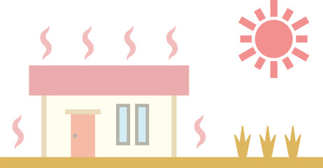太陽熱で熱くなったコンパクトな平屋住宅のイラスト