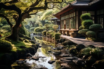Fototapeta na wymiar Tranquil Garden with a Trickling Stream and Bonsai Trees, Generative AI