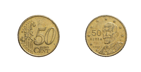 50 cents of Euro coin from Greece from 2002 with Eleftherios Venizelos face, obverse and reverse...