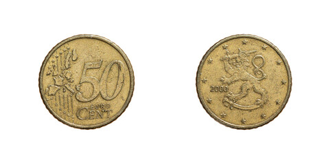 50 cents coin from Finland with a lion on it, obverse and reverse macro shot.