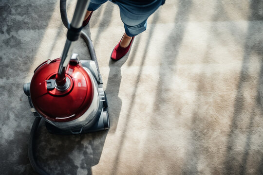 Woman hoovering carpet with vacuum cleaner, top view, Clean trace on dirty surface, aesthetic look
