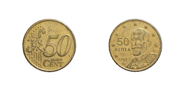 50 cents of Euro coin from Greece from 2002 with Eleftherios Venizelos face, obverse and reverse macro shot.