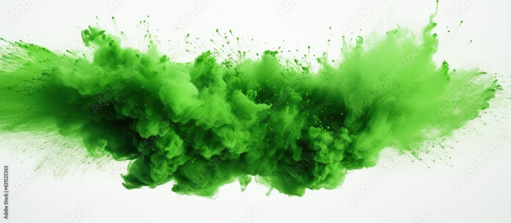 Poster green powder or dust explosion in a square border on a white backdrop, available space for use.