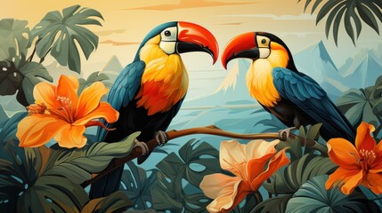 beautiful multicolored background with exotic birds and flowers, ai tools generated image