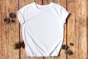 Christmas white tshirt mockup , blank t shirt on wooden background