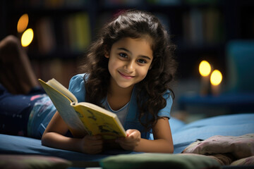 Beautiful indian asian girl child reading book and smiling while doing school homework.