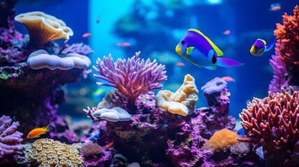 Fototapeta na wymiar Tropical Reef: Magnificent Underwater World with Colourful Corals and Fishes under Purple Neon Light