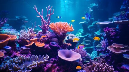Fototapeta na wymiar Incantevole Vista Subacquea: Coralli Vivaci e Pesci Tropicali sotto la Luce Neon Viola