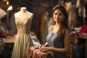 Young happy Indian asian woman fashion designer tailor standing with crossed arms at design studio