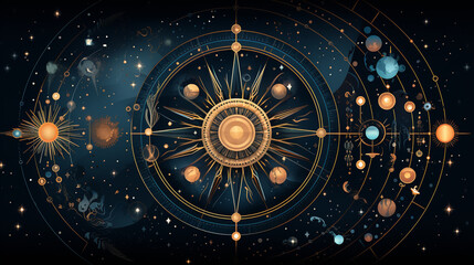 Mandala with Celestial Elements: Stars, Moons, and Cosmic Energy  - obrazy, fototapety, plakaty