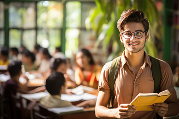 Successful Indian young male college student with group of college students at classroom of university