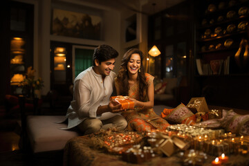 Fototapeta na wymiar Cheerful Indian brother and sister exchanging gift box during raksha bandhan festival