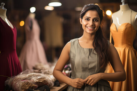 Young happy Indian asian woman fashion designer tailor standing with crossed arms at design studio