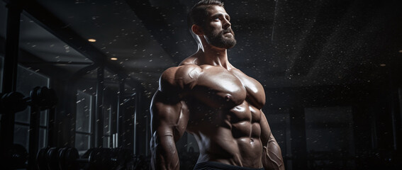Fototapeta na wymiar Bodybuilder performing workouts in a gym. Gym background. Generative Ai.