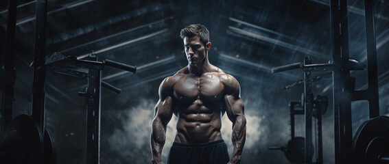 Naklejka na ściany i meble Bodybuilder performing workouts in a gym. Gym background. Generative Ai.