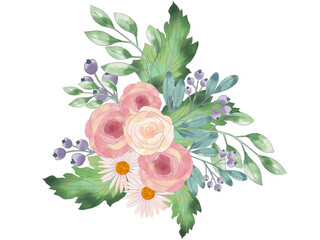 Flower and plant sweet love bouquet valentines Flowers watercolor illustration sunflower,gerbera,daisy, rose, aster, leaves and plants for background, pattern