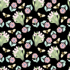 Meadow wildflower honeybee watercolor seamless pattern. Bee flower honeycombs decorative ornament illustration. floral bloom graphic print design