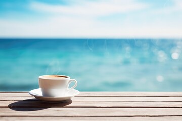 Cup of coffee on a wooden table at the sea - obrazy, fototapety, plakaty