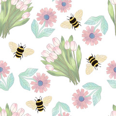 Meadow wildflower honeybee watercolor seamless pattern. Bee flower honeycombs decorative ornament illustration. floral bloom graphic print design