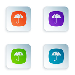 Color Delivery package with umbrella symbol icon isolated on white background. Parcel cardboard box with umbrella sign. Logistic and delivery. Set colorful icons in square buttons. Vector