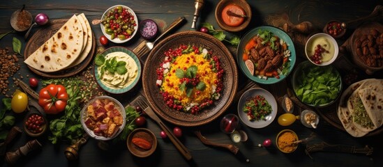 Arabic and Middle Eastern food displayed on a dinner table. The meal includes meat kebab, hummus,