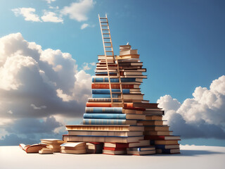 Ladder going on top of huge stack of books. Education and growth concept. Abstract book stack with ladder on sky with clouds background.  3D Rendering. Generate AI