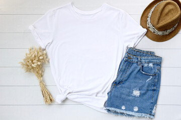 White women’s T-shirt mockup with jean and clothing accessories. Blank white t-shirt, t shirt...