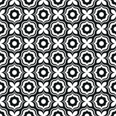 Checkered black and white seamless repeating pattern with square shape decorative elements. Geometric abstract floral style. Vector illustration for textile, fabric, wrapping, wallpaper, and print.