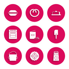 Set Flour pack, Cracker biscuit, Grater, Spatula, Bakery bowl dough, Oven, Strawberry cheesecake slice and Macaron cookie icon. Vector