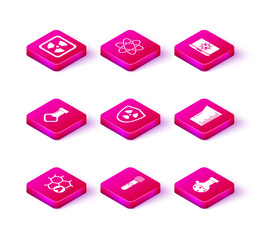 Set Chemical formula, Test tube and flask chemical, Radioactive in shield, Laboratory glassware beaker, Bacteria on laptop and Atom icon. Vector