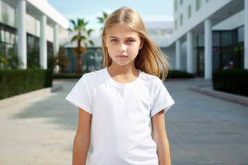 Portrait of a fictional young little blonde girl wearing a plain white t-shirt. Generative AI.