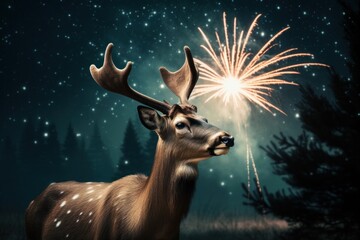 Funny deer celebrating with New Year's Eve fireworks. Generative AI