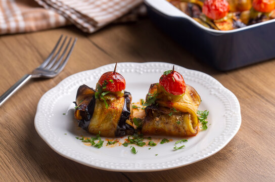 Traditional delicious Turkish food; Kofte kebab wrapped in eggplant (Turkish name; Islim - islim kebabi or kurdan kebabi)