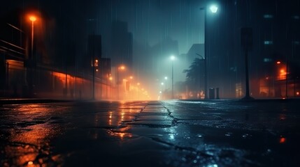 glow neon lights on a dark city street, reflection of neon light in puddles and water.