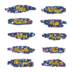 girl names that start with letter M, stickers, printable, labels with artsy background, isolated,...