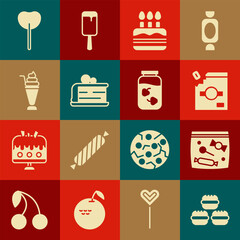 Set Macaron cookie, Candy packaging for sweets, Cake with burning candles, Piece of cake, Milkshake, Lollipop and Strawberry jam jar icon. Vector