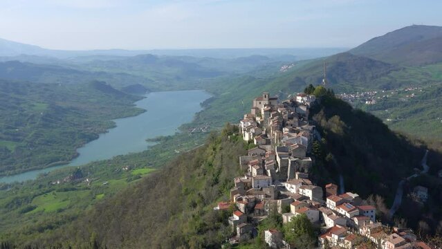 Panoramic view of Monteferrante and Lake Bomba, beautiful village in Chieti Province, Abruzzo, central Italy.