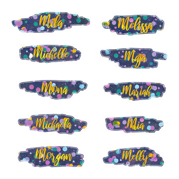 girl names that start with letter M, stickers, printable, labels with artsy background, isolated, extracted, png file