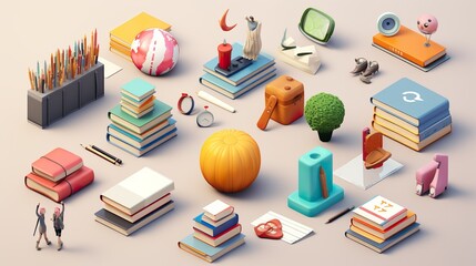 Collage with 3d education and social media icons for universities and schools.