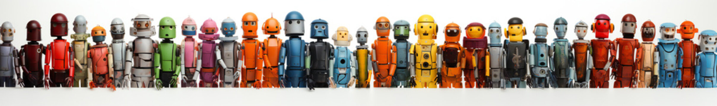 A row of funny Robots, lined up, cartoon, fantasy, fun, happy, friendly