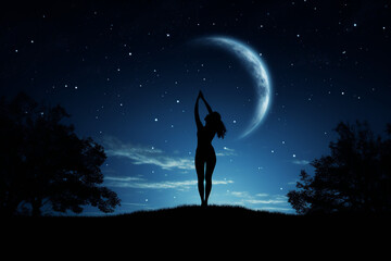 Yoga woman Body Pose Silhouette over Moon Night Sly, Meditation Exercise