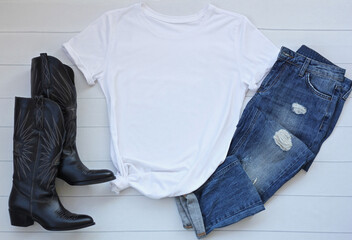 White women’s T-shirt mockup with jean and clothing accessories. Blank white t-shirt, t shirt...
