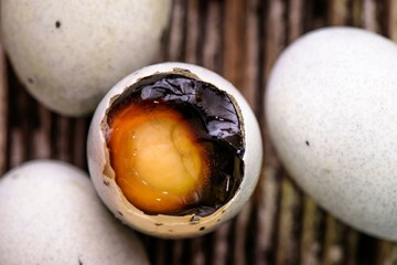 Culinary Intrigue: Captivating 4K Close-Up of Preserved Duck Eggs Revealing Unique Delicacies